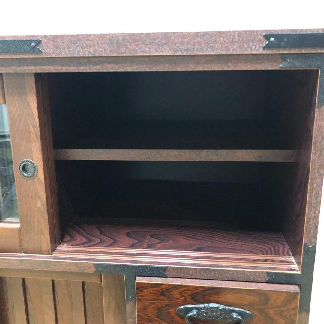 けやき民芸 90飾棚 和風 レトロ家具 ガラス戸付き 食器棚 　250720-6