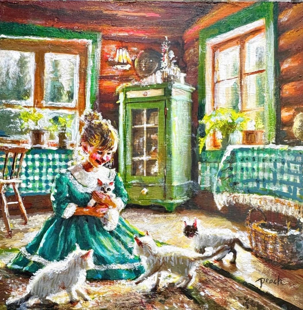 絵画原画　《Country Friend》森の中のログハウス　猫のいる絵