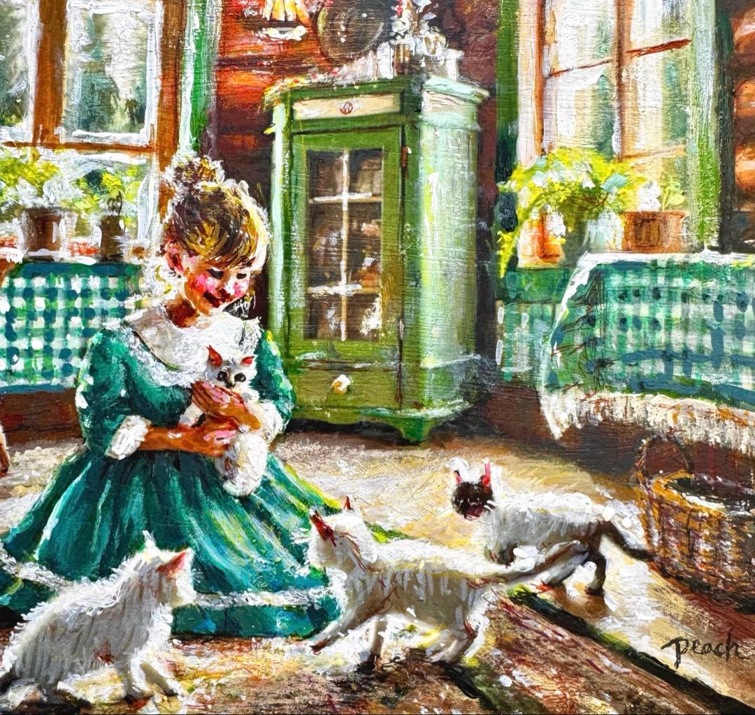 絵画原画　《Country Friend》森の中のログハウス　猫のいる絵