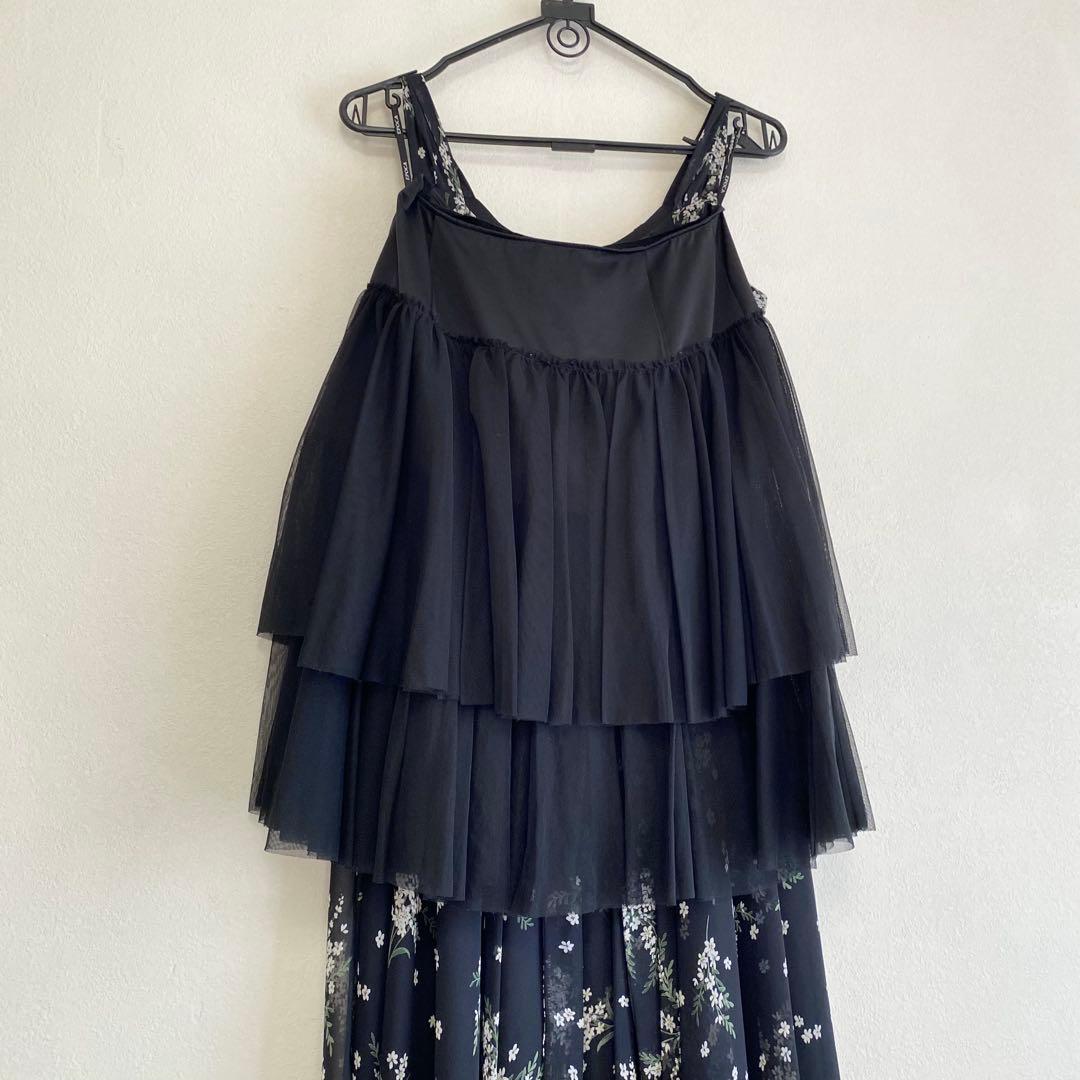 パニエ付き 花柄シフォン×フレアパーティードレス ブラック EPOCA