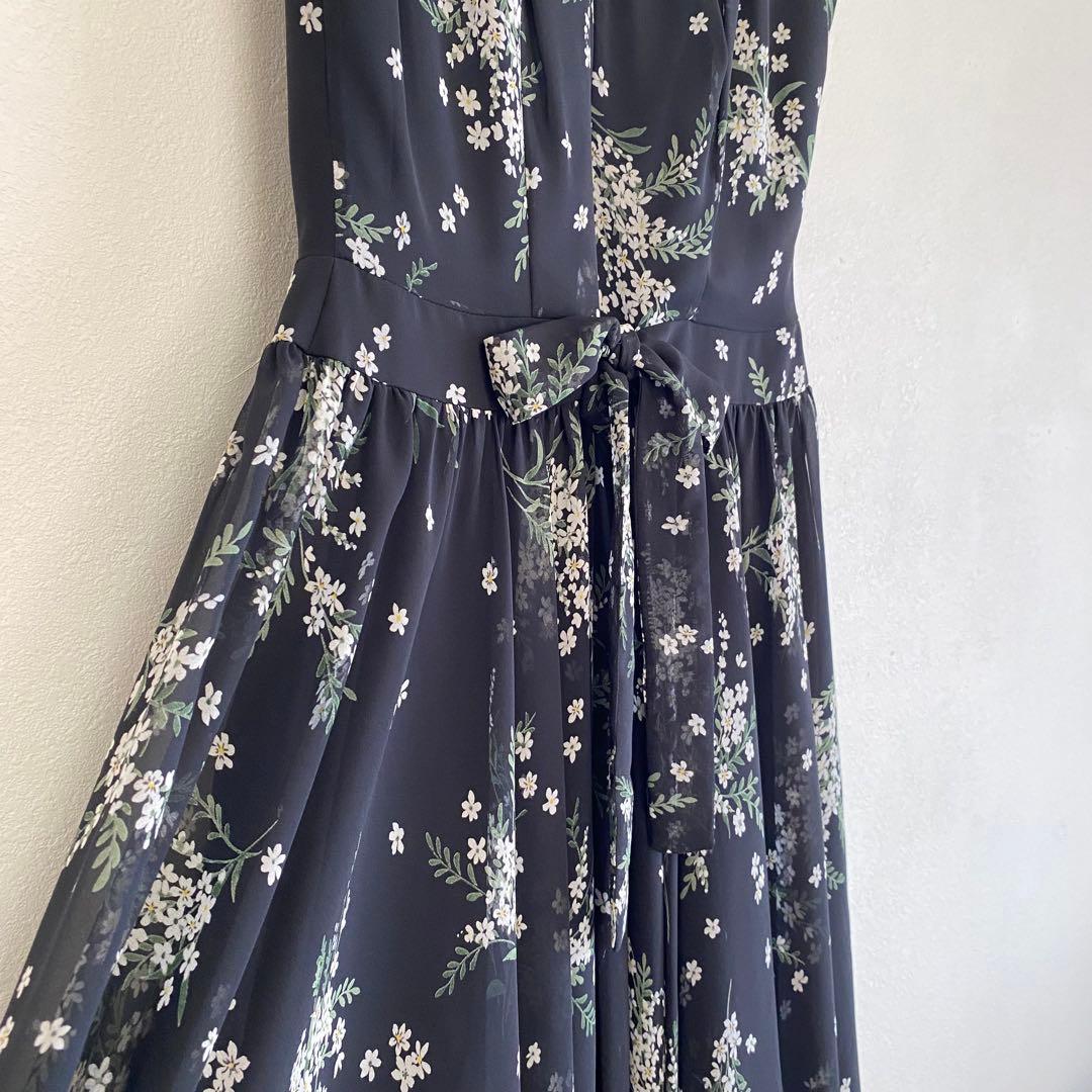 パニエ付き 花柄シフォン×フレアパーティードレス ブラック EPOCA