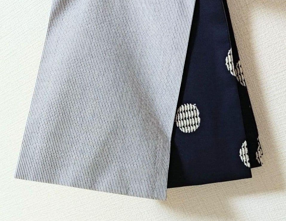 半幅帯紺色ドット柄刺繍ストライプ柄水玉模様リバーシブル着物浴衣帯ネイビーホワイト