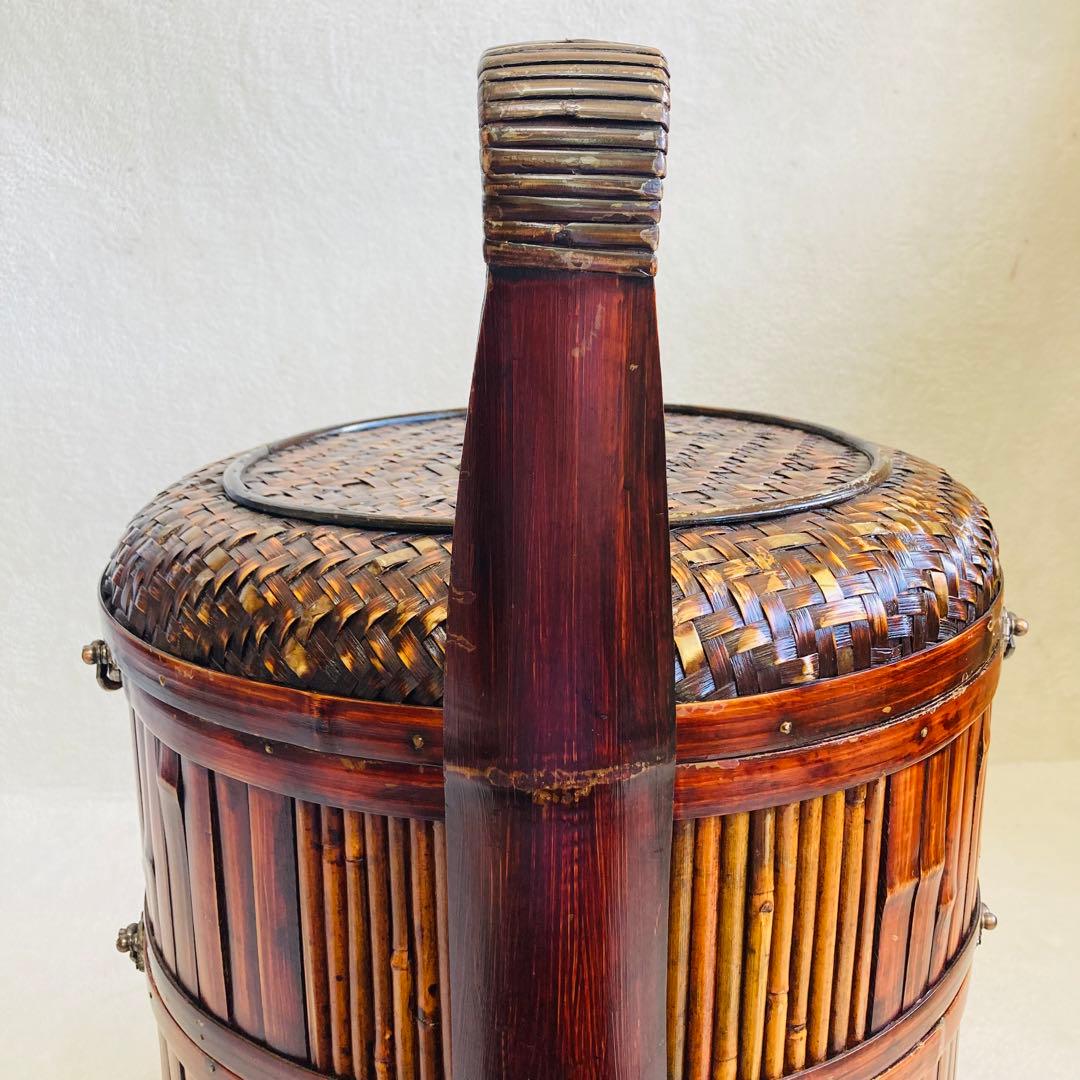 竹編み籠☆特大★茶籠☆煎茶 飾り 堤藍 三段籠 中国 農具　 　自然竹バスケット