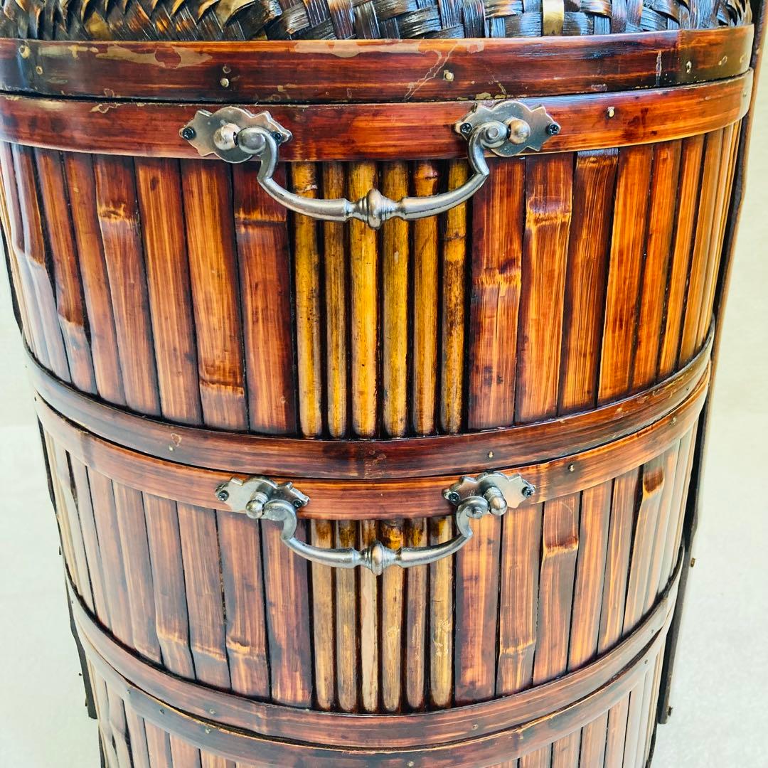 竹編み籠☆特大★茶籠☆煎茶 飾り 堤藍 三段籠 中国 農具　 　自然竹バスケット