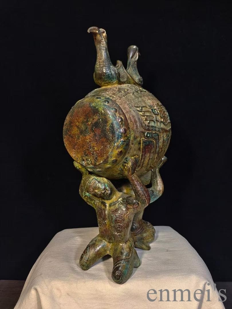 中国古美術 漢代 青銅器 跪人双鳥鼓 古代楽器 打楽器 禮楽器 青銅美術 骨董品