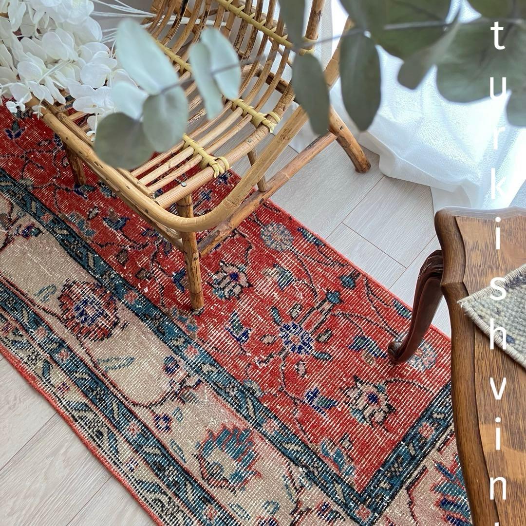 レッド53×163フローラル　ネイビー　ランナー　ロング　トルコヴィンテージラグ