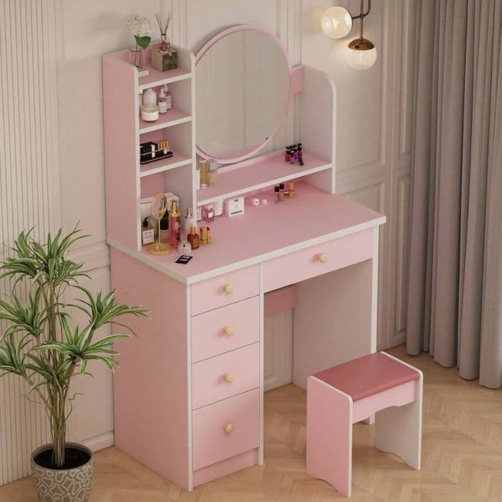 ピンク姫系ドレッサー 幅 80cm 円形ミラー 引き出し 5 杯 スツール付き