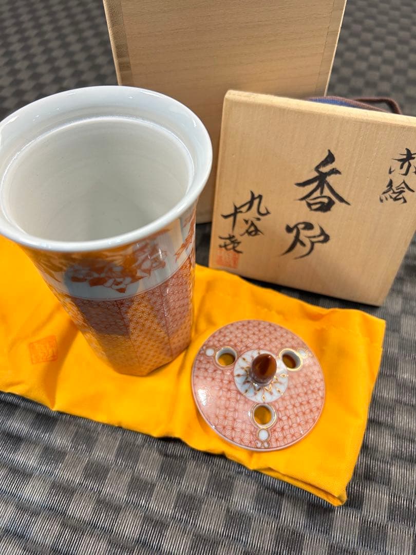 九谷焼　赤絵細描　香炉　堀川十喜作