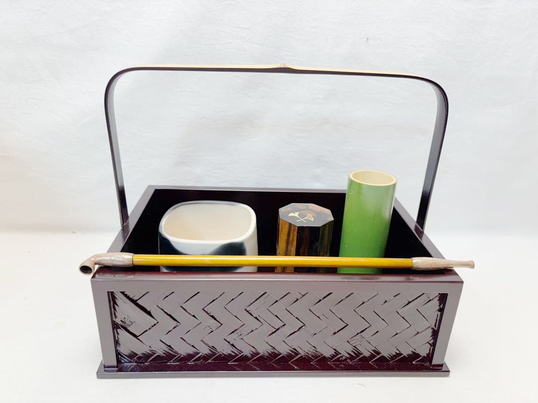 未使用 茶道具三代田原一斎作 鵬雲斉好 手付莨盆 崇白造 火入黒柿八角銀杏莨入