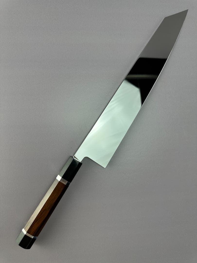 5632 完全ウルトラ鏡面 尺一 切付牛刀 スネークウッド黒水牛角二本銀巻八角柄