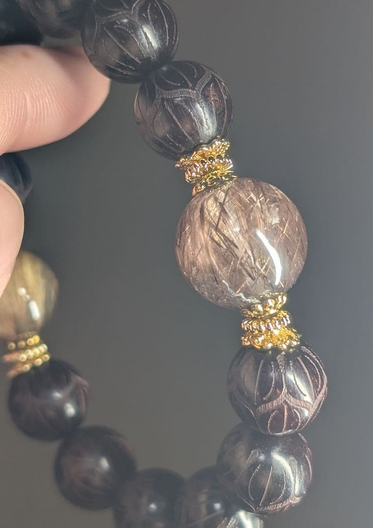 ゆみ超高品質キャッツアイゴールドルチル☓ブラウンルチル☓蓮彫り紫壇デザブレ