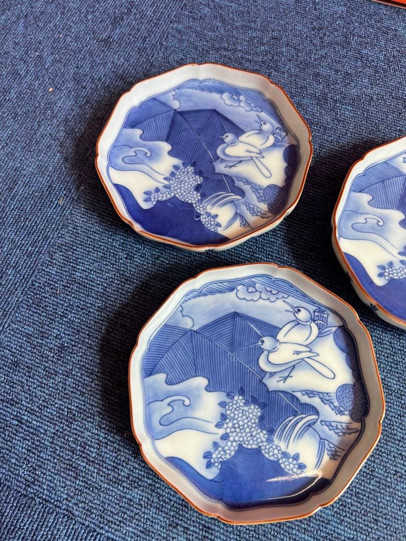 1008 今右衛門 染付小皿　3点セット 花鳥図案 時代物
