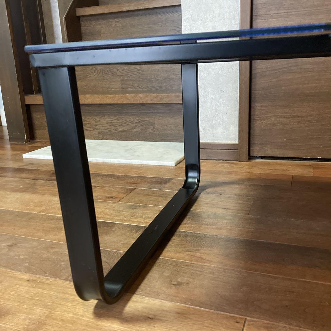 貴重✨️天板強化ガラス 青い木目調 黒い金属製フレーム モダン コーヒーテーブル