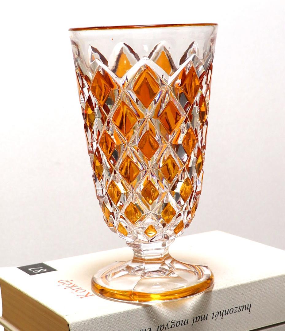 オールド・バカラ 最高級 琥珀色被せ ディアマン・カレ 大型 花瓶 アンバー色