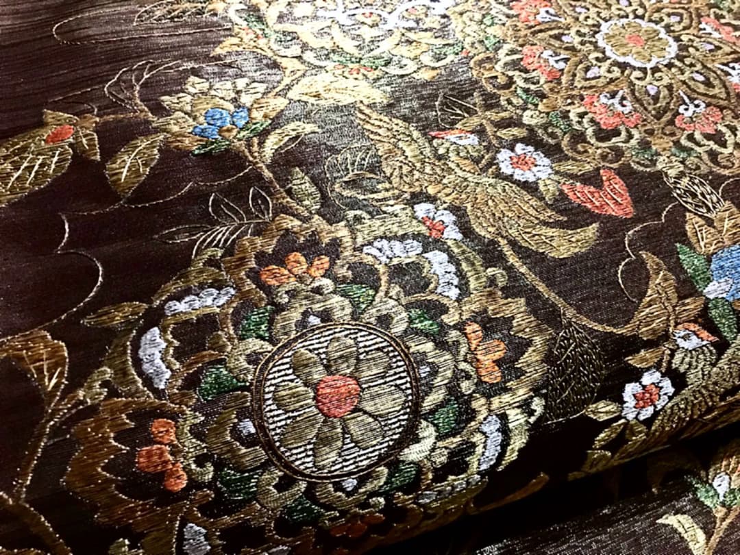 正絹 袋帯 金糸 豪華♡刺繍 華紋 花喰い鳥 花唐草