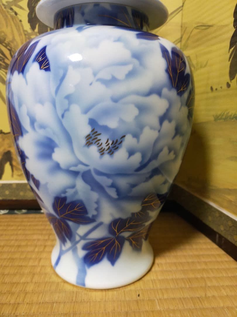 深川製磁　染付金彩牡丹図　冠付飾壷　花瓶　花生け　古美術　時代物