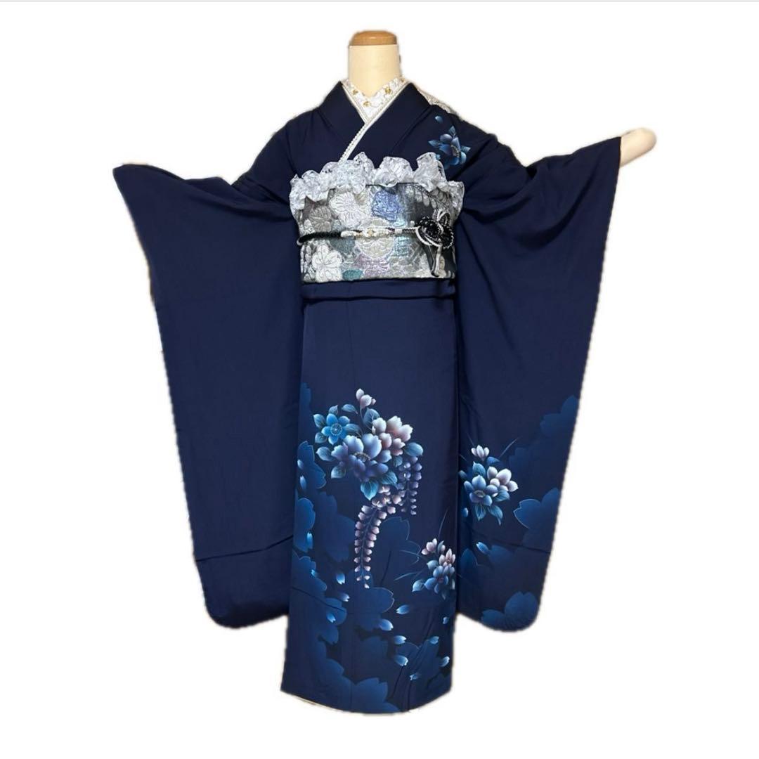 雪の女王❤︎あふれる透明感 紺×シルバーレースの振袖フルセット 成人式