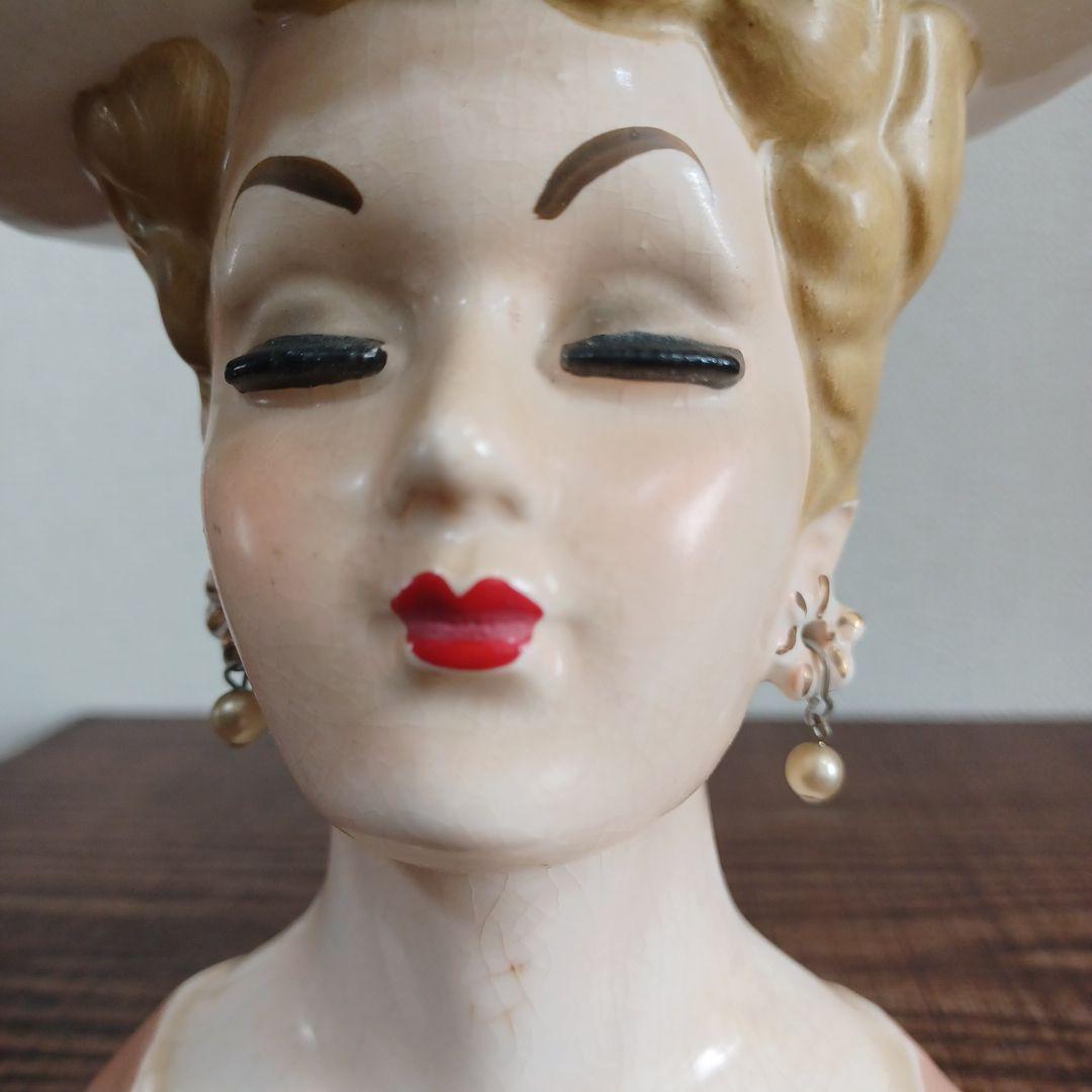 ビンテージ レディヘッドベース 陶器製の置物花瓶　薄紫とオレンジ　2点セット