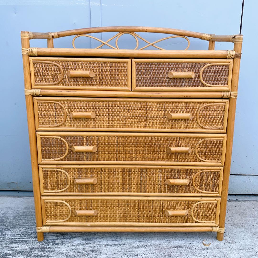 【送料込】ビンテージ バンブーラタンチェスト 籐家具 5段 引出し6杯 収納家具