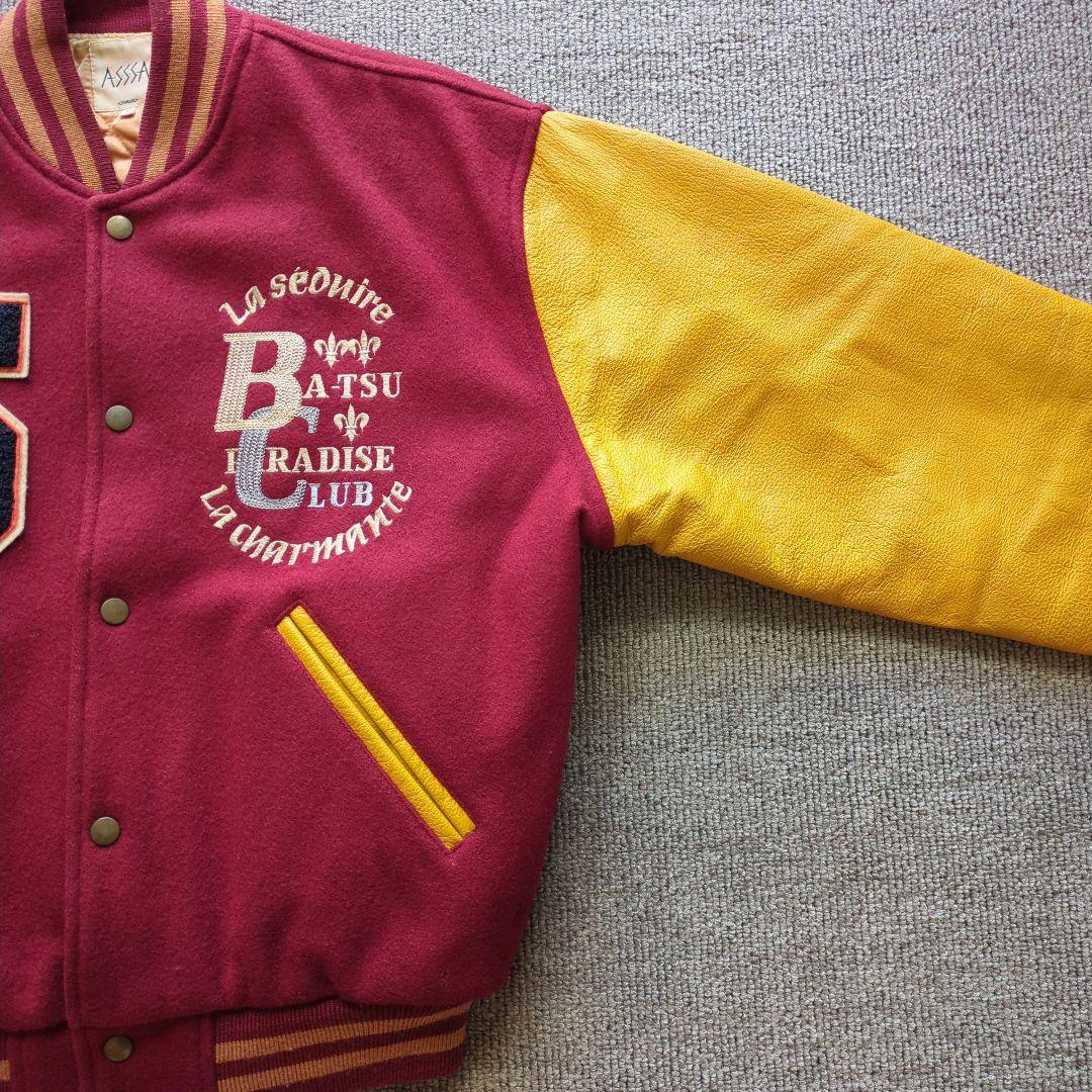 90sヴィンテージunknownスタジャンメルトン袖本革両面刺繍短丈バイカラーL