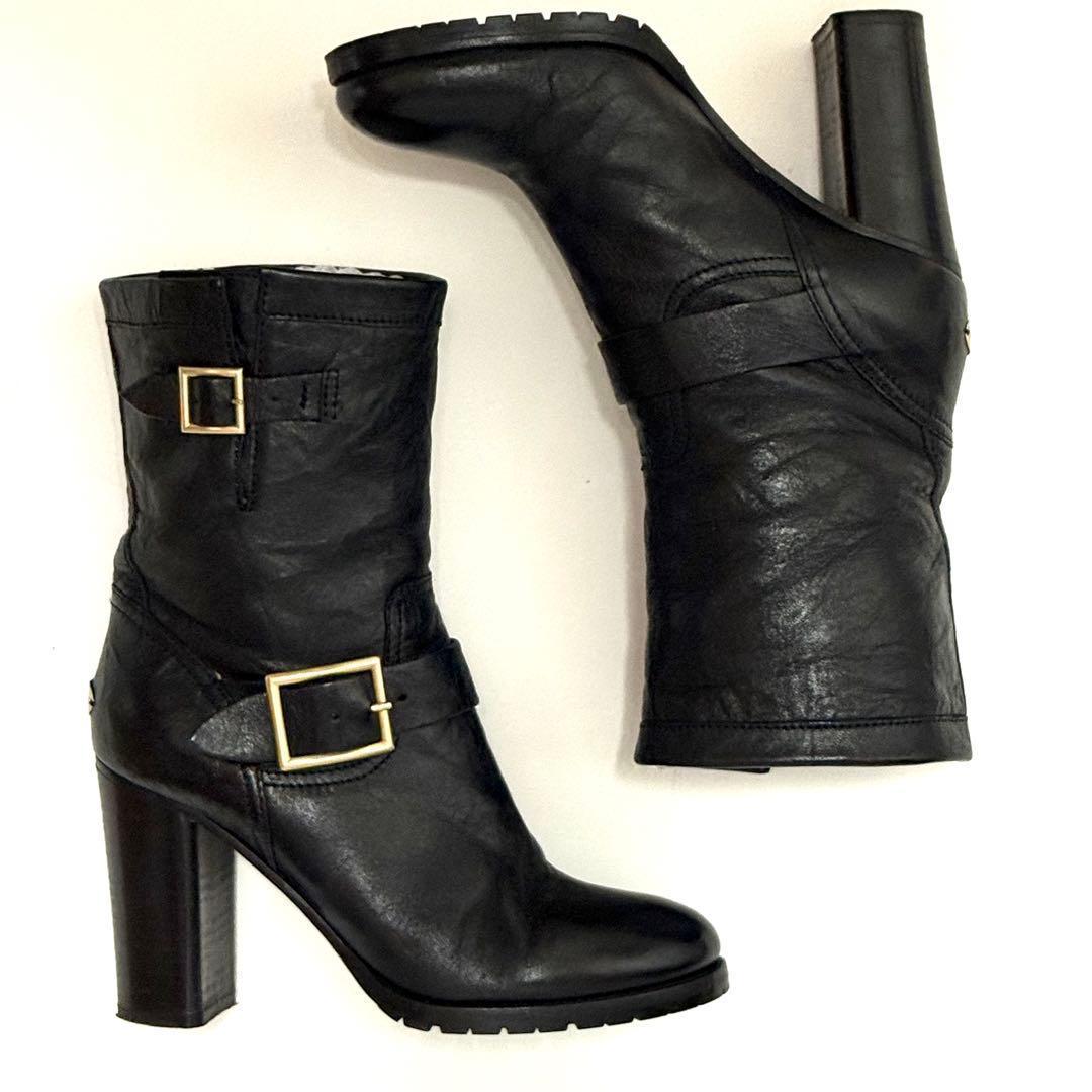 ジミーチュウ エンジニアブーツ サイズ38 1/2 サイドベルト ゴールド金具