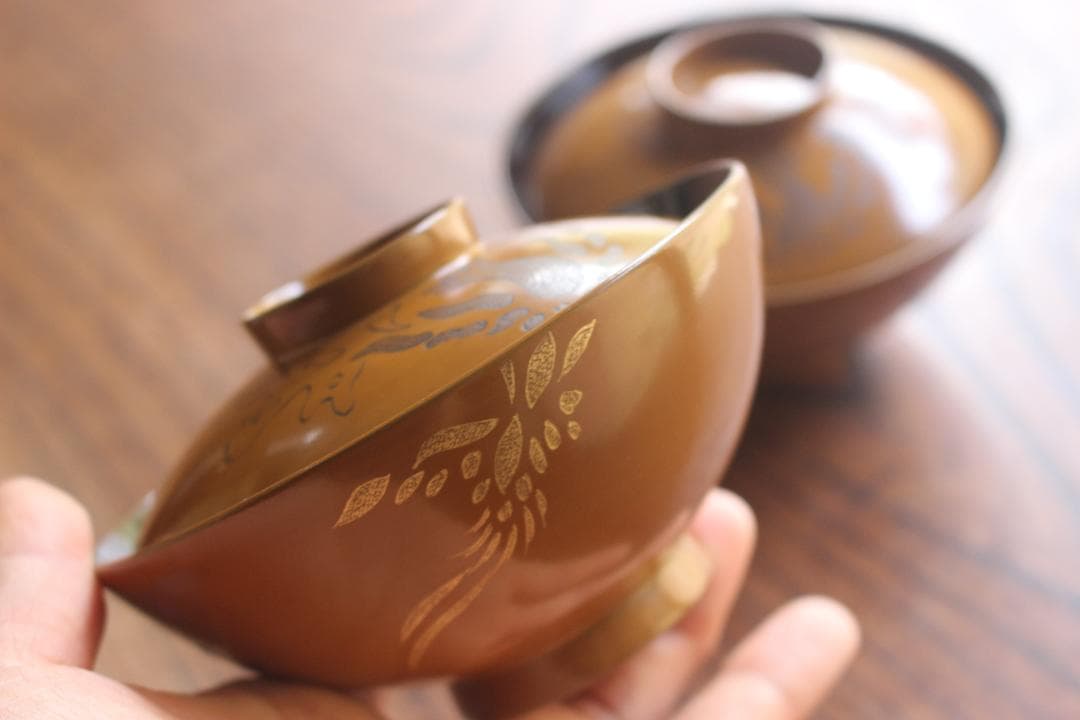 時代黄漆に風情ある沈金沈黒鳳凰文のお椀2点（検輪島塗京塗懐石椀蒔絵椀沈金椀