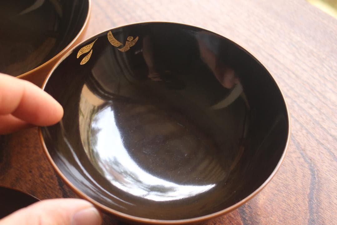 時代黄漆に風情ある沈金沈黒鳳凰文のお椀2点（検輪島塗京塗懐石椀蒔絵椀沈金椀