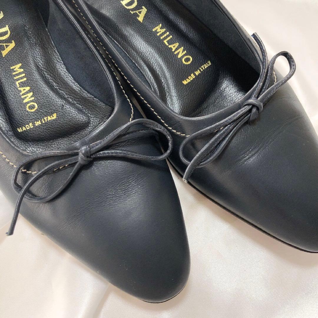 【美品】PRADA プラダ リボンパンプス ローヒール バレエシューズ 37