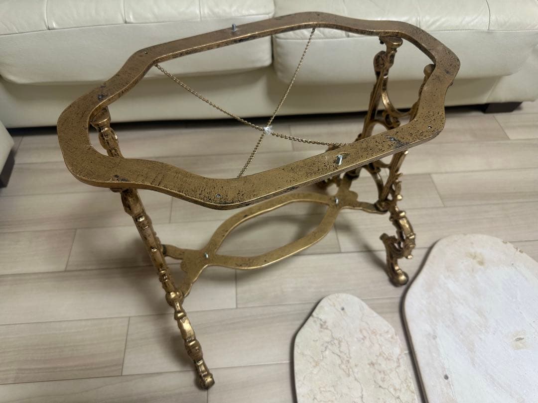 アンティーク調　大理石調　サイドテーブル　ゴールド脚