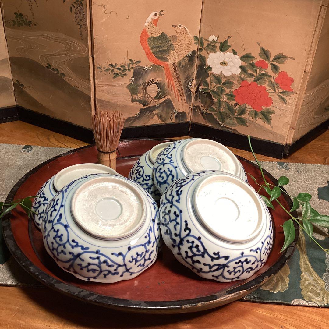 A1026 古伊万里　染付　微塵唐草模様　膾皿　　5客