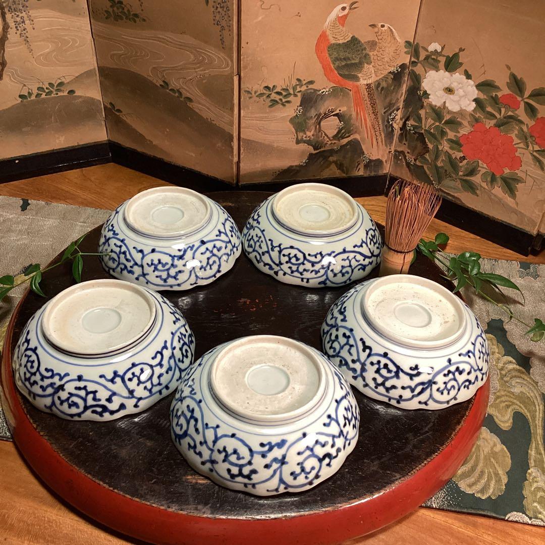 A1026 古伊万里　染付　微塵唐草模様　膾皿　　5客