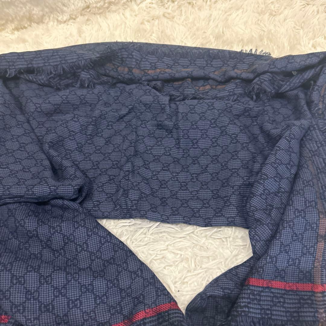 未使用級！グッチ ストール 100×175サイズ　ブルー　GG柄 シルク　ウール