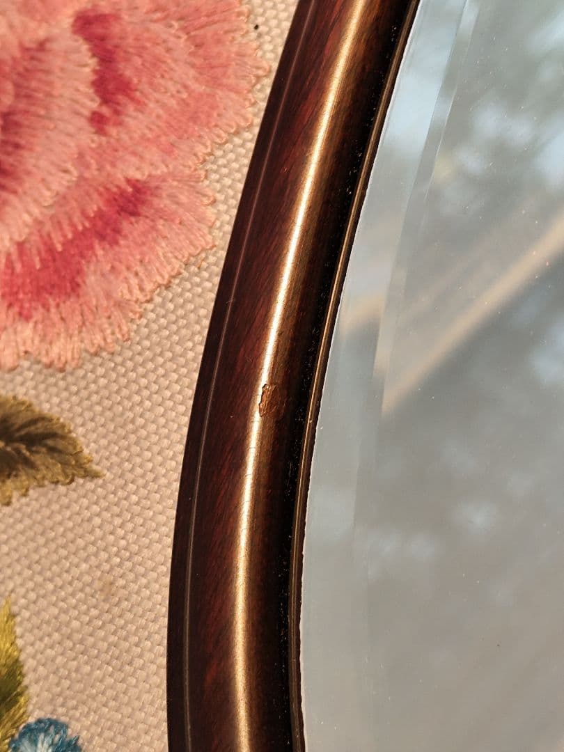 戸塚刺繍　 花柄　薔薇　楕円形ミラー　木製　額縁　刺繍　オーバル　アンテーク