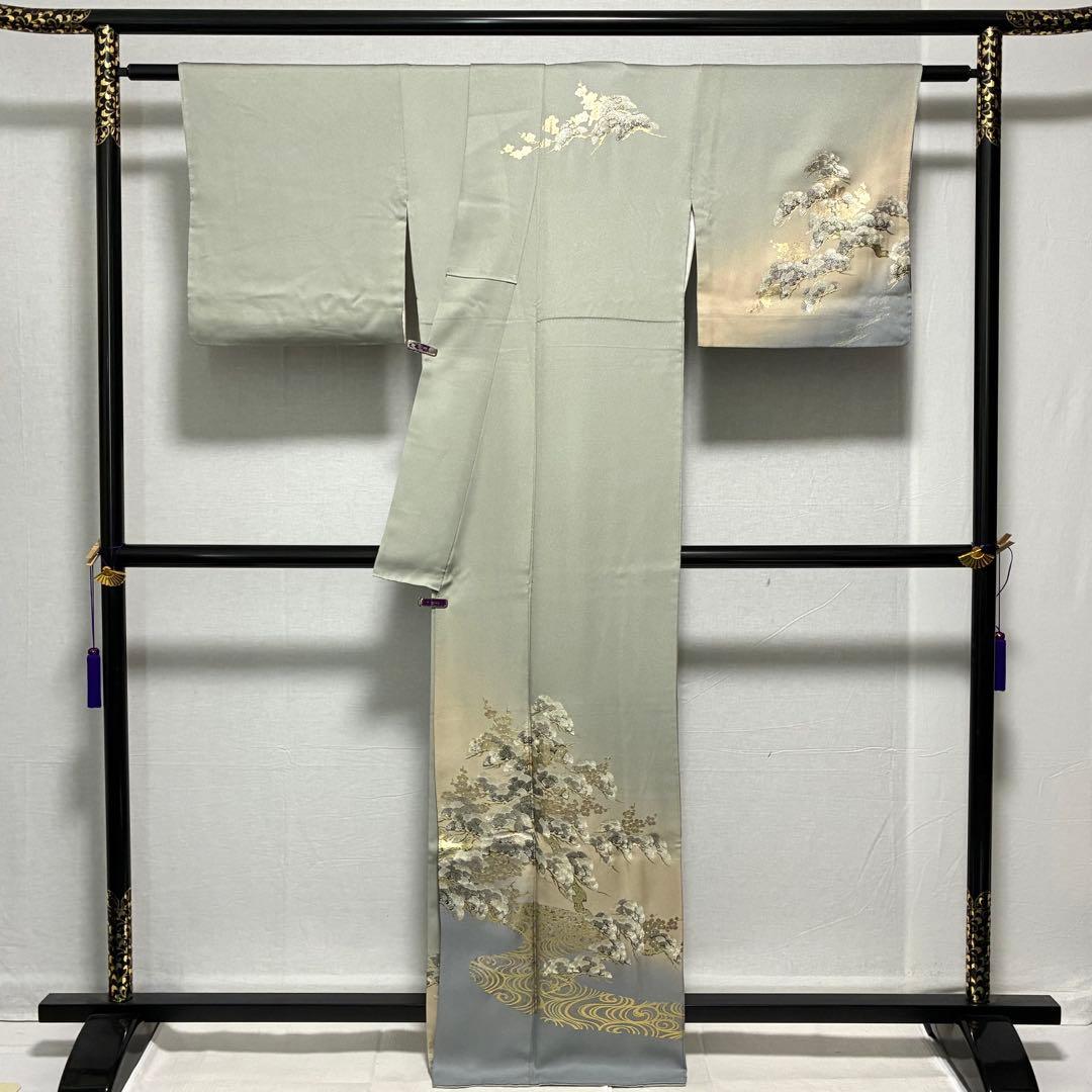 D27 訪問着 笠松 流水 金箔 正絹 着物 袷 極美品