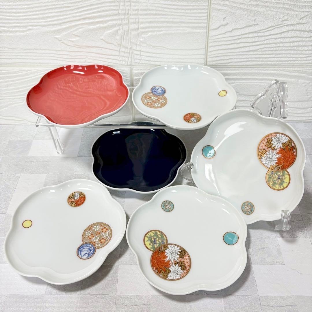 深川製磁 銘々皿揃 和皿 6枚セット 寿赤絵 トリプレット緋 古代呉須