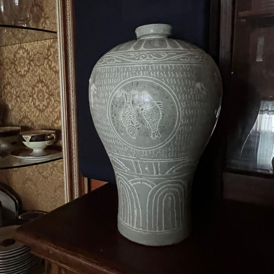 梅瓶 李朝 双魚 遊魚文 梅瓶 朝鮮 古美術 骨董 高麗 青磁 粉青沙器 魚紋