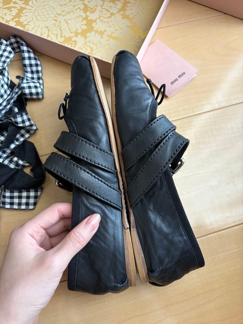 miumiu ミュウミュウ　ダブルストラップ　バレエシューズ　ギンガムチェック