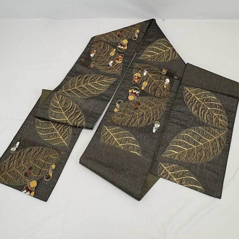 田中 野夫　未使用品　袋帯　瓢箪　葉　刺繍　金通し　六通柄　正絹　L506