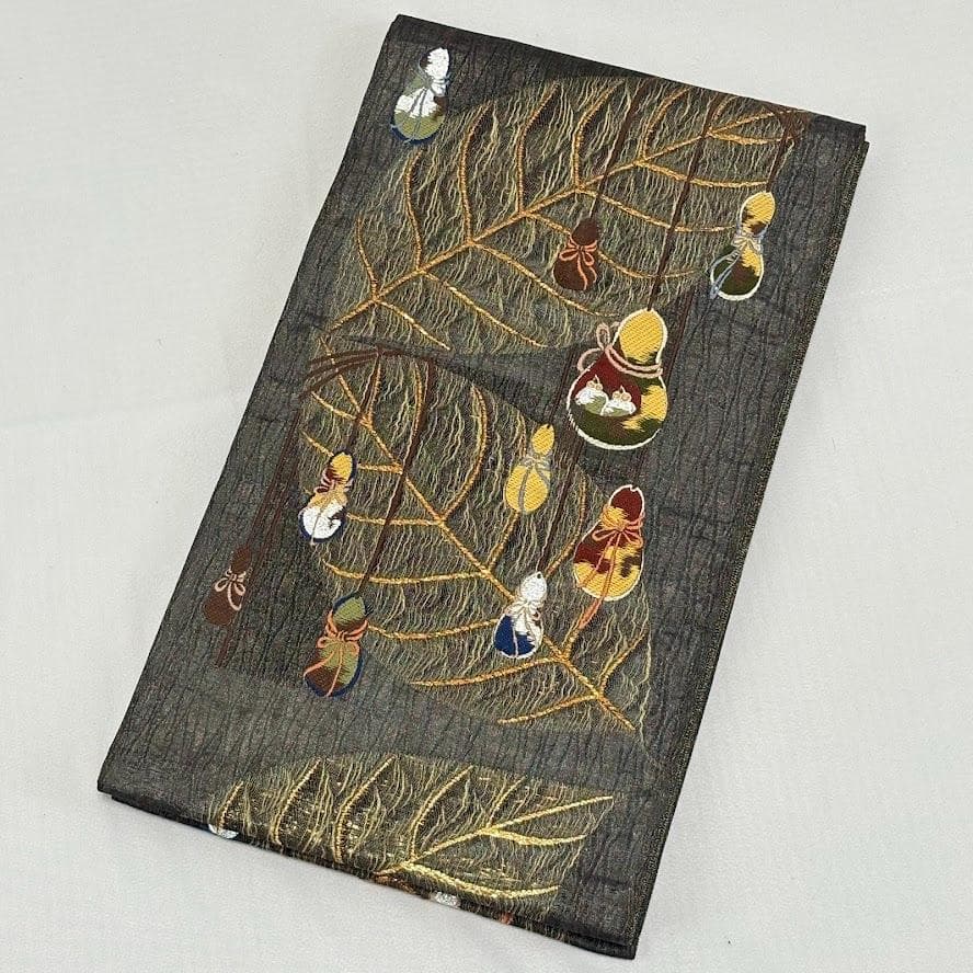 田中 野夫　未使用品　袋帯　瓢箪　葉　刺繍　金通し　六通柄　正絹　L506