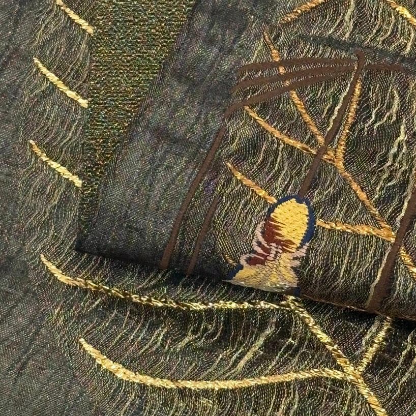 田中 野夫　未使用品　袋帯　瓢箪　葉　刺繍　金通し　六通柄　正絹　L506