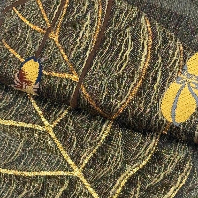 田中 野夫　未使用品　袋帯　瓢箪　葉　刺繍　金通し　六通柄　正絹　L506