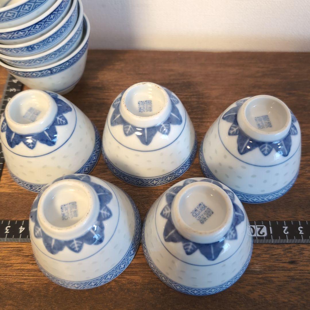 古い景徳鎮銘の蛍焼セット　中国染付　青花　蛍手アンティーク茶器　骨董