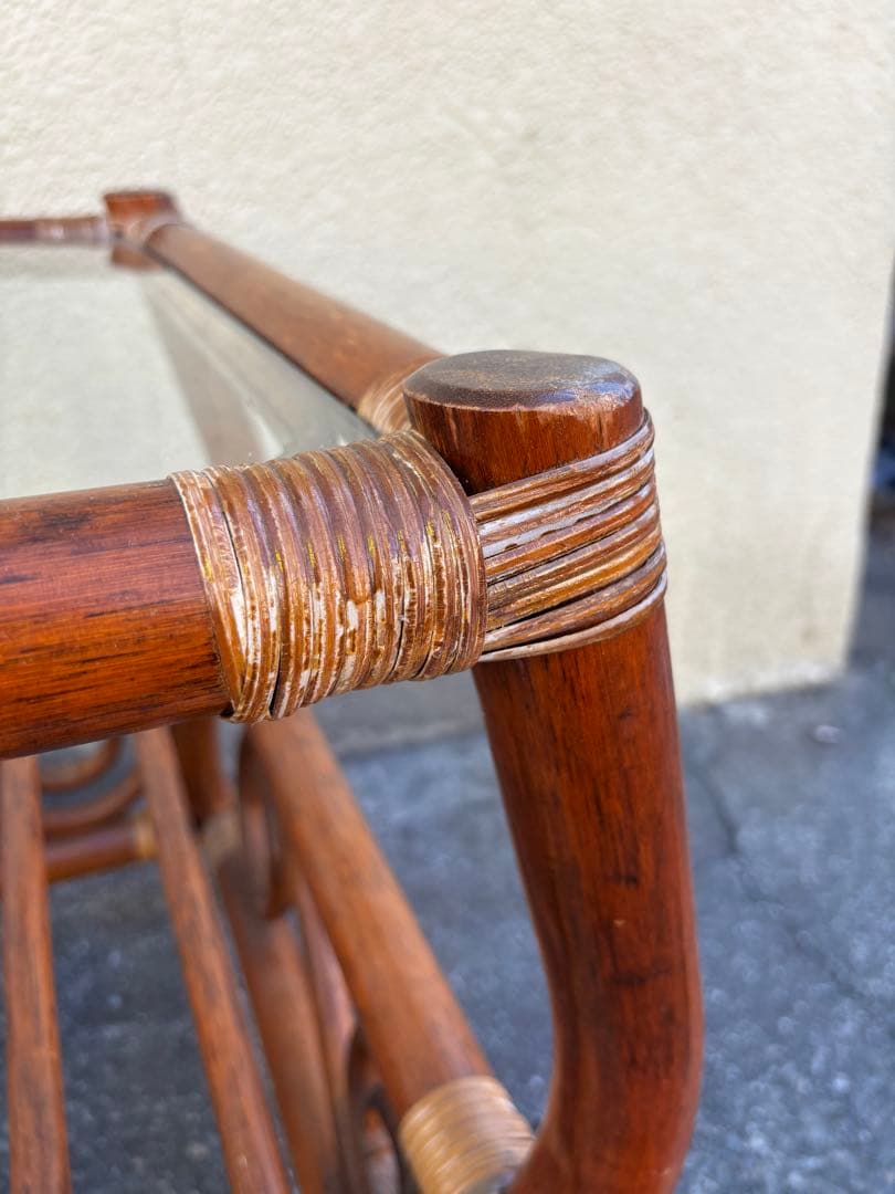 ヴィンテージ　ラタン　ダイニングテーブルセット　ガラステーブル　椅子2脚付き