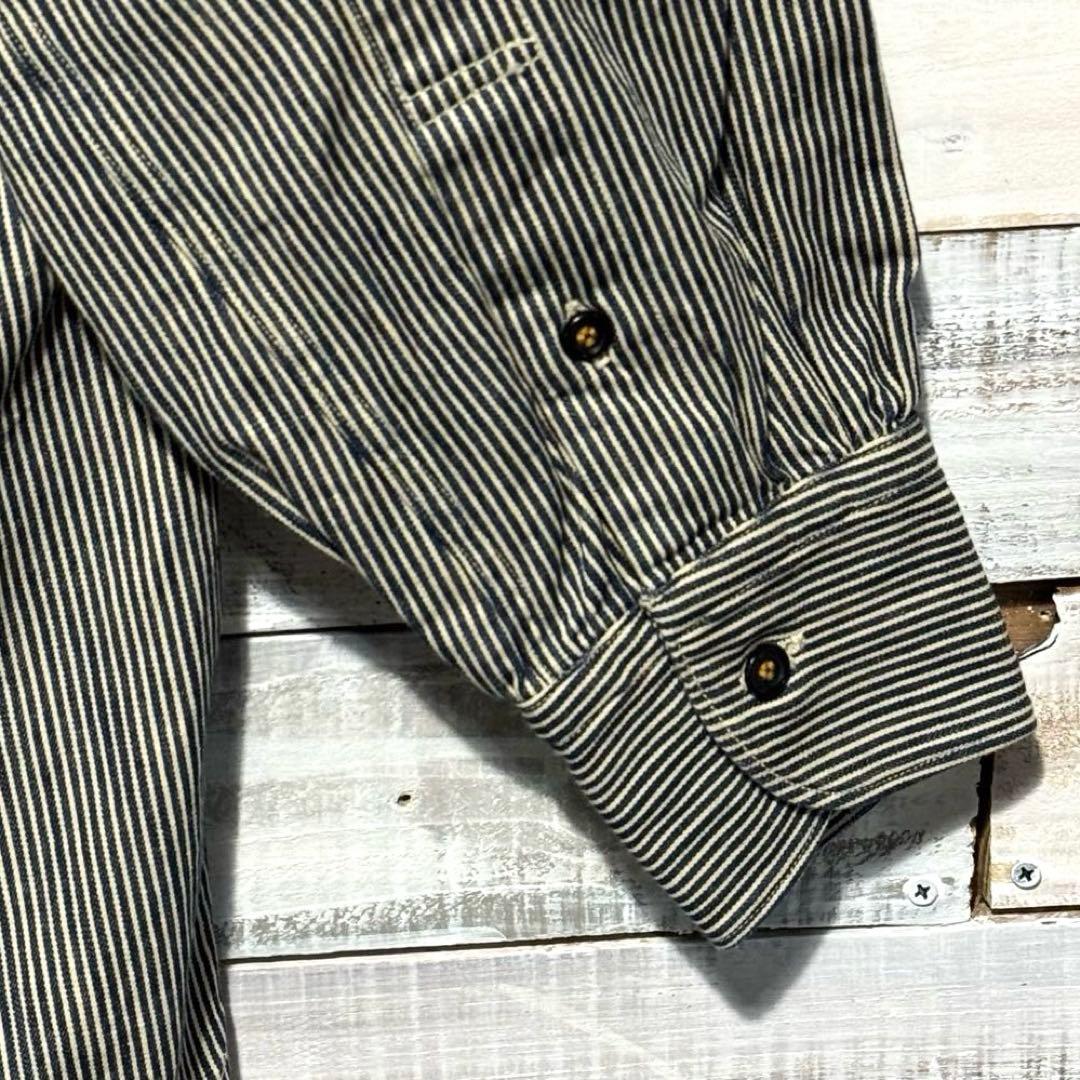 45R インディゴ染 バンドカラーシャツ ストライプ ヒッコリー 刺繍