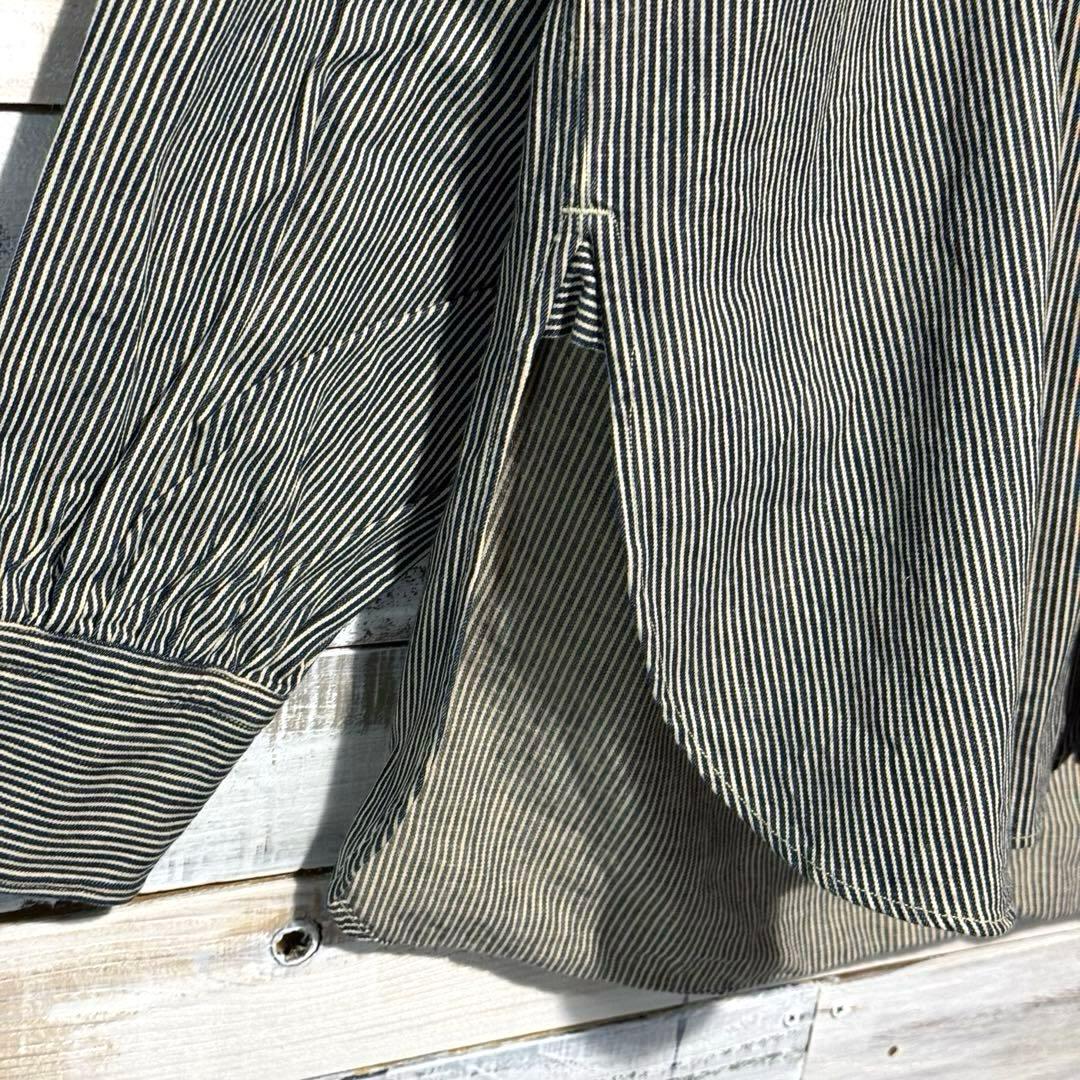 45R インディゴ染 バンドカラーシャツ ストライプ ヒッコリー 刺繍