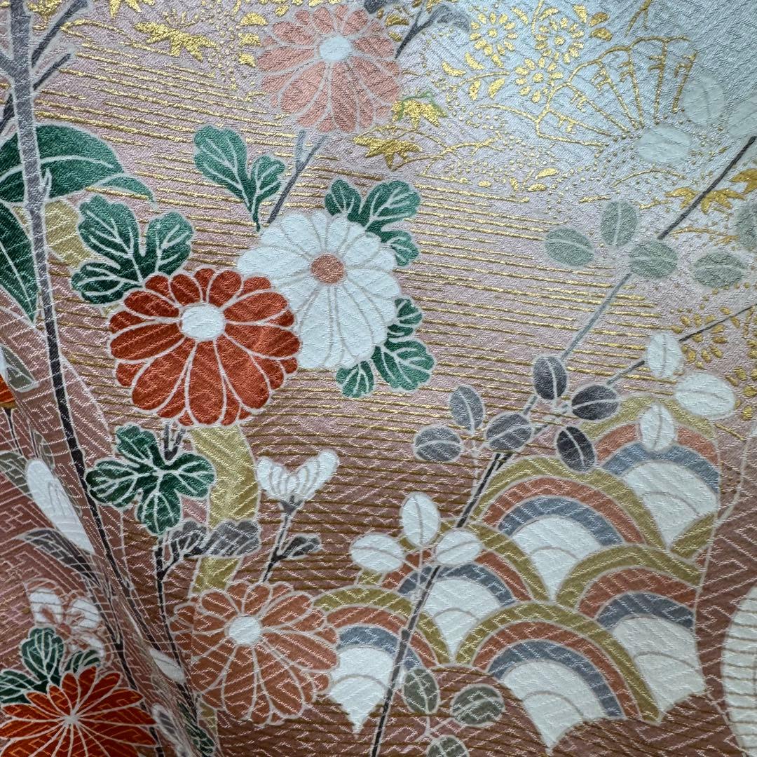 しつけ付　正絹　袷　現代　広襟　高級　訪問着　着物　着丈169 シルバー　光沢