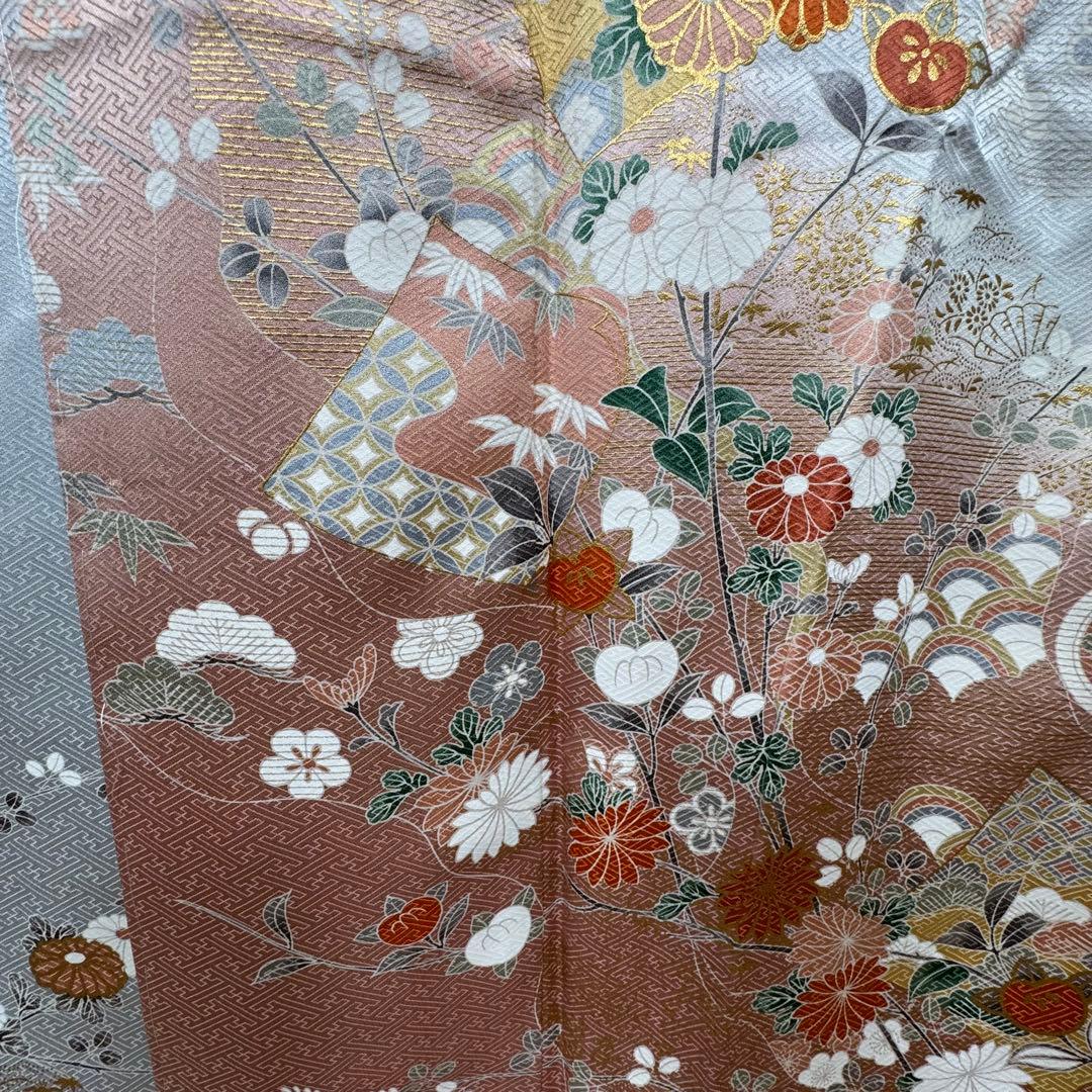 しつけ付　正絹　袷　現代　広襟　高級　訪問着　着物　着丈169 シルバー　光沢