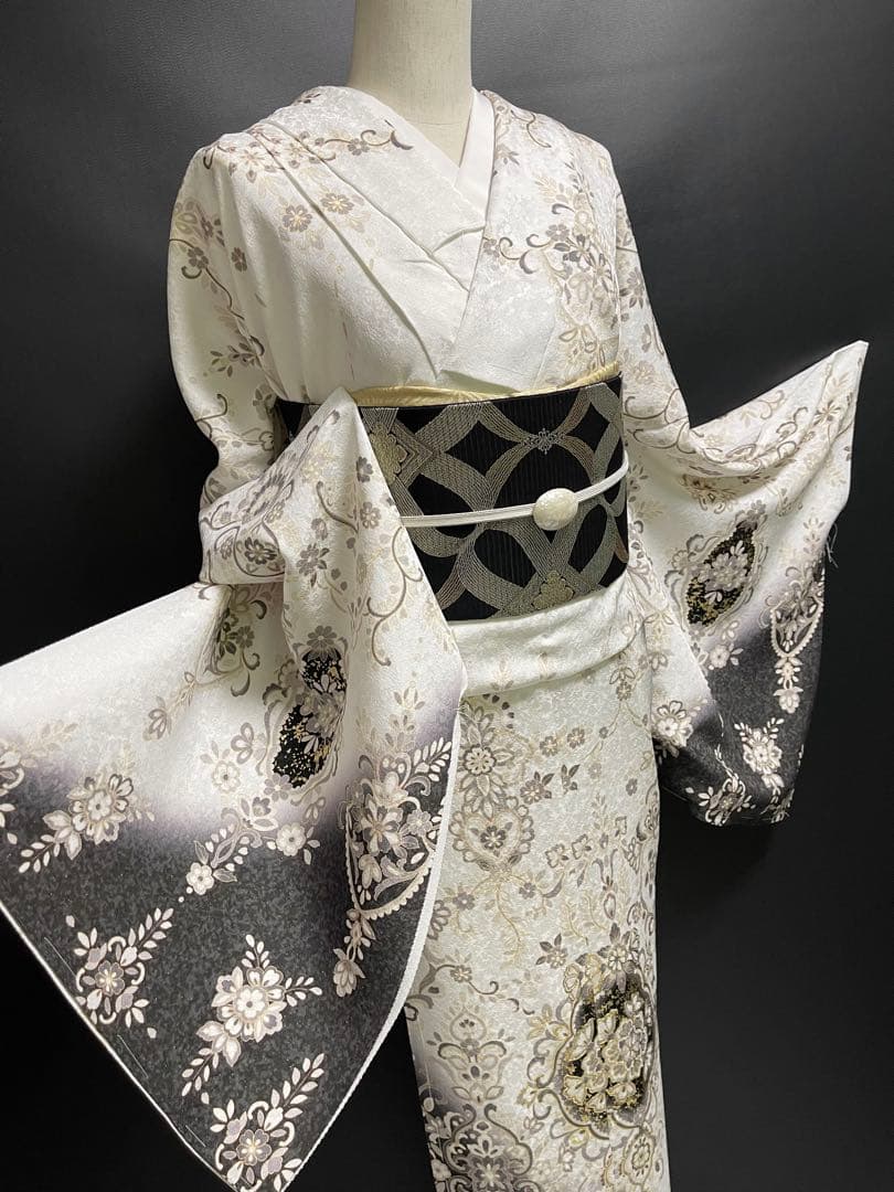 特選金彩訪問着【エキゾチック更紗唐花◆白×墨黒】銀通し煌めく紋意匠地
