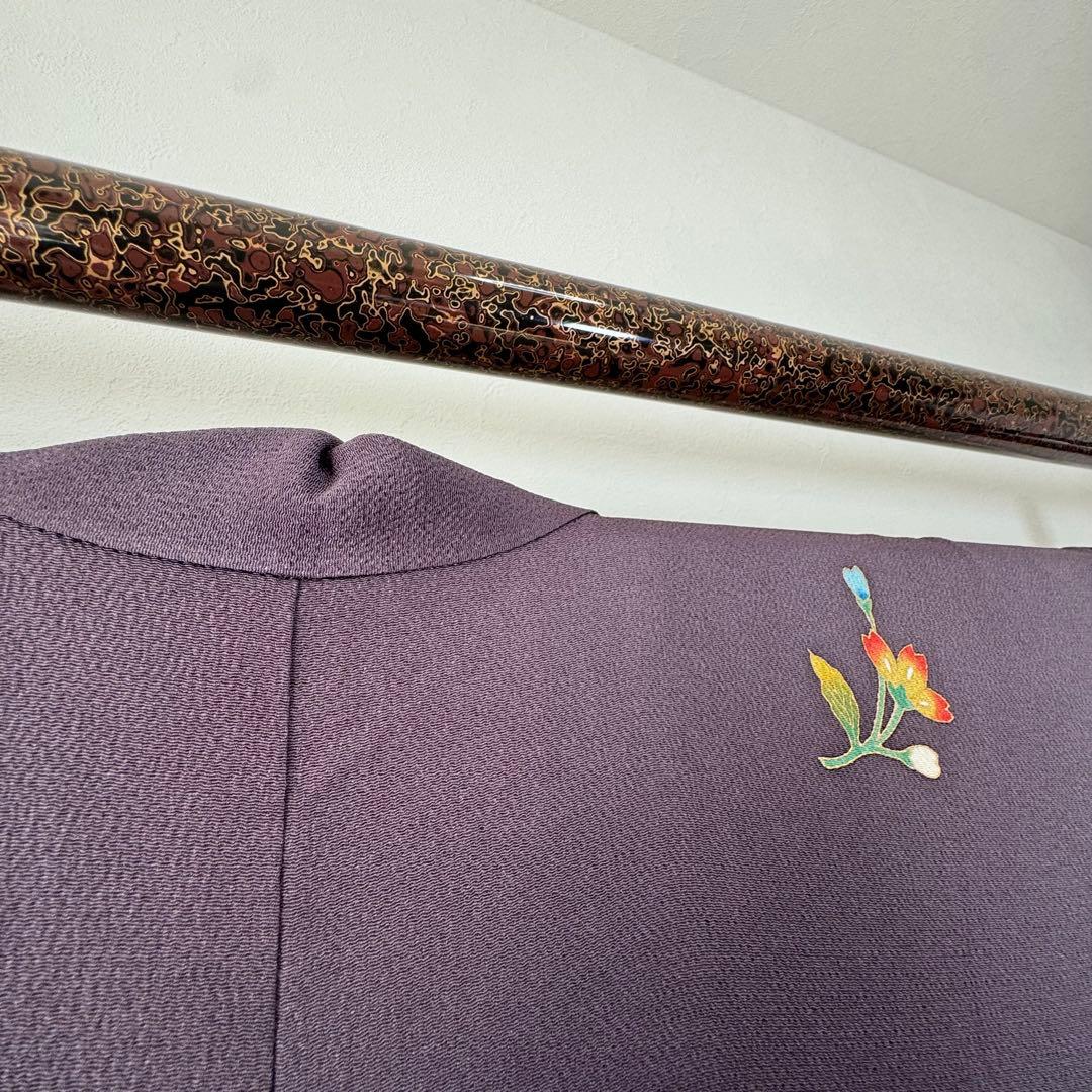 超美品　正絹　袷　訪問着　着物　168　裄70　ちりめん　金彩　紫　藤色　トール