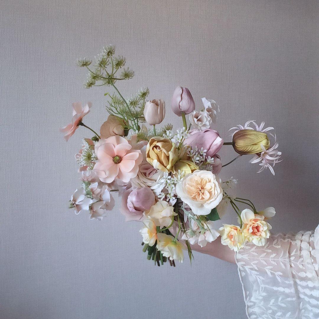 イエロー　ラベンダー　チューリップ　パステル　ウェディングブーケ　造花　結婚式